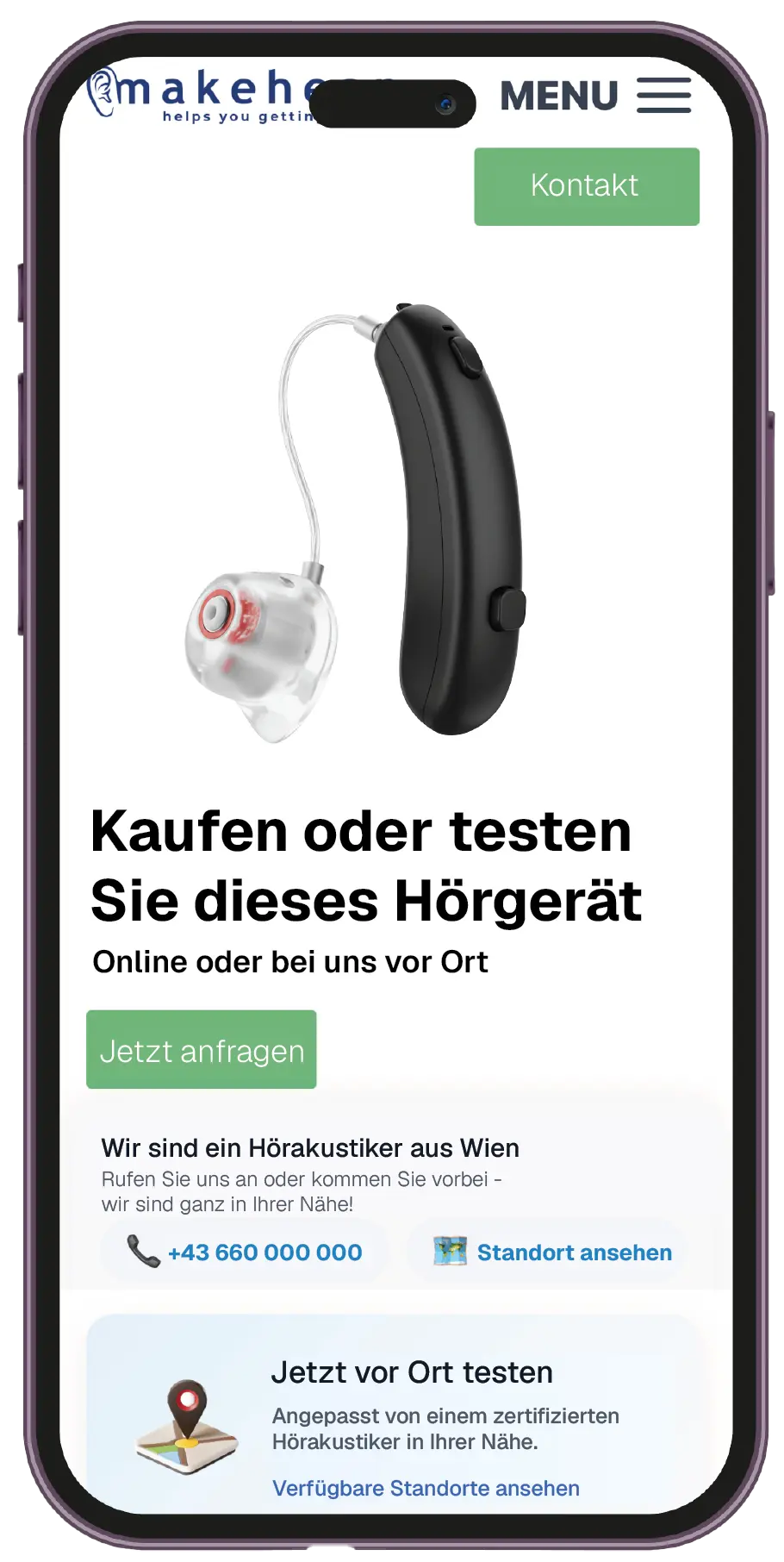 Smartphone mit einer Hörgeräte-Produktseite