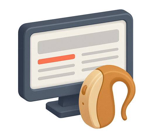 Illustration einer überladenen Website und eines Hörgeräts
